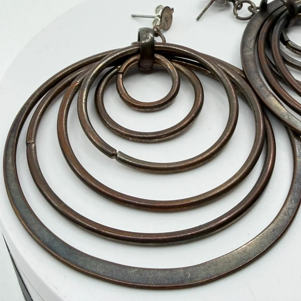 Copper Tone Concentric Multi Hoop Dangle Earrings Boho Artisan Statement Gift